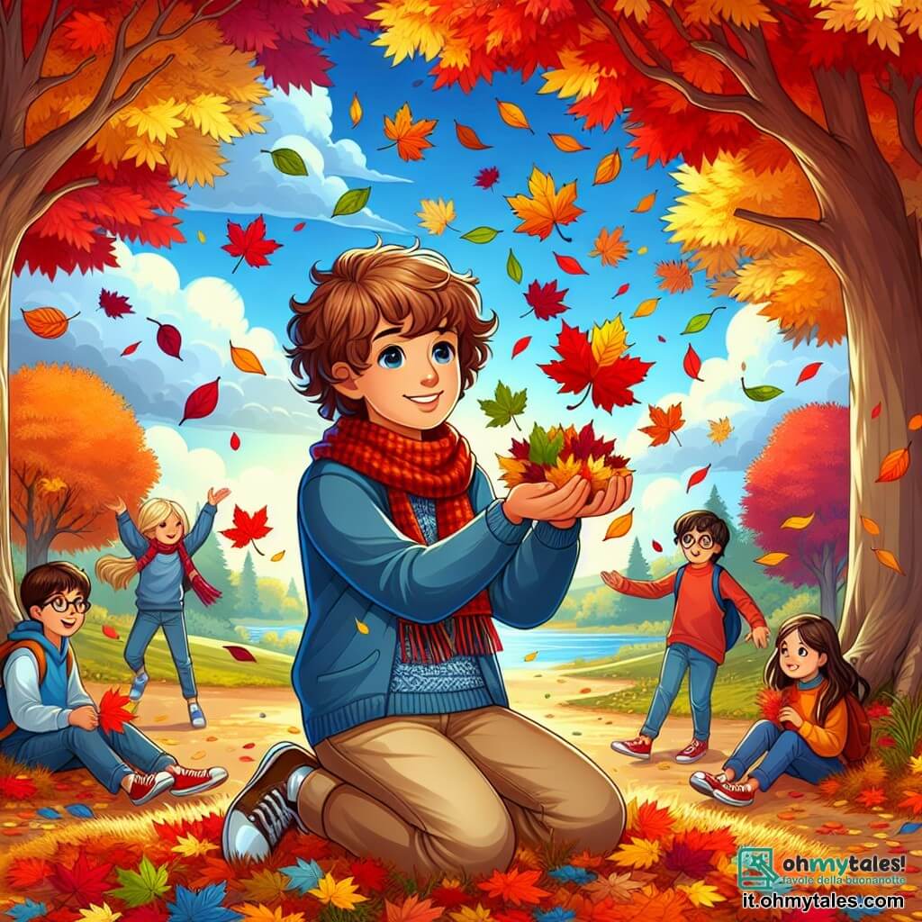 Illustrazione che rappresenta un parco in autunno, con alberi maestosi dalle foglie scintillanti di rosso, arancione e giallo, il terreno coperto di foglie morte e un cielo azzurro chiaro punteggiato di nuvole bianche e soffici. Al centro della scena, un ragazzo di 11 anni, con capelli castani e ricci, indossa un maglione blu e pantaloni beige, è accovacciato con le mani piene di foglie colorate che osserva con meraviglia. Nelle vicinanze, due compagni di classe, una ragazza di 10 anni con capelli lunghi e lisci e una sciarpa rossa, e un ragazzo di 11 anni con occhiali rotondi e capelli castani, stanno raccogliendo foglie per creare un collage. Il ragazzo al centro sorride, circondato da foglie che danzano intorno a lui, mentre una leggera brezza fa muovere le foglie nell'aria, creando un'atmosfera gioiosa e ludica.