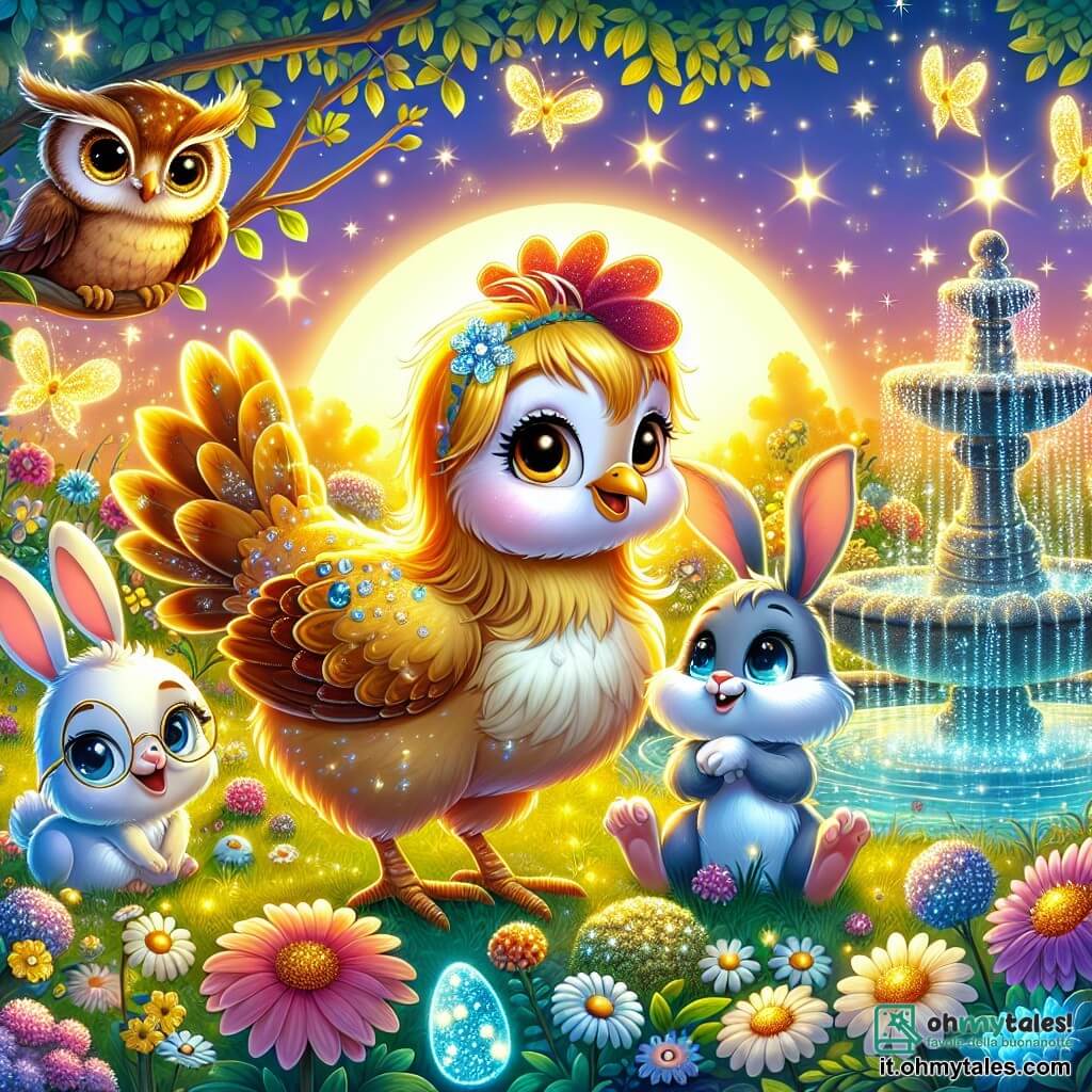 Illustrazione che rappresenta un grande prato illuminato dalla dolce luce di un tramonto, con fiori colorati e lucciole scintillanti nell'aria. Al centro, una gallina coraggiosa con piume dorate e uno sguardo determinato, con le ali leggermente aperte, si erge orgogliosamente davanti a una fontana scintillante, circondata da pietre preziose. Accanto a lei, un coniglietto con grandi orecchie bianche e occhi brillanti di curiosità, che salta gioiosamente, e un saggio gufo con occhiali rotondi, posato su un ramo, che osserva attentamente la scena. Sullo sfondo, un piccolo drago con squame blu, con occhi brillanti come stelle, esprime profonda gratitudine. La gallina e i suoi amici si preparano a celebrare la scoperta di un canto magico, mentre le stelle iniziano a comparire nel cielo, aggiungendo un tocco di magia all'insieme.