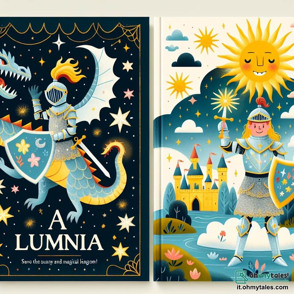 Une illustration destinée aux enfants représentant un courageux chevalier vêtu d'une armure scintillante affrontant un redoutable dragon pour sauver un royaume ensoleillé et féerique nommé Luminia, où le ciel est constellé d'étoiles dansantes.