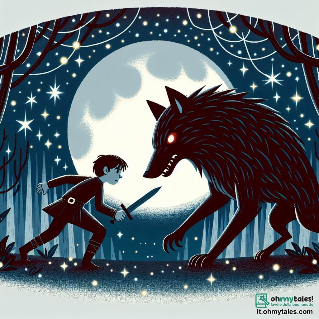 Une illustration destinée aux enfants représentant un jeune garçon courageux affrontant un grand loup féroce dans une forêt sombre et mystérieuse, sous un ciel étoilé scintillant de mille feux.
