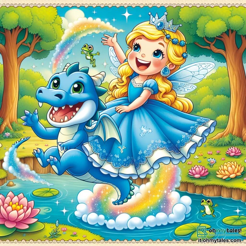Une illustration sous forme de dessin destinée aux enfants représentant un lac cristallino entouré d'alberi alti e fiori colorati, con una principessa dai lunghi capelli biondi e un vestito azzurro che ride felice mentre vola in alto, tenuta per la mano da un piccolo drago blu con grandi occhi scintillanti e un sorriso contagioso, mentre le rane danzano intorno a loro, creando nuvole di fumo colorato con ogni starnuto del drago, in un'atmosfera di gioia e divertimento nel regno incantato.