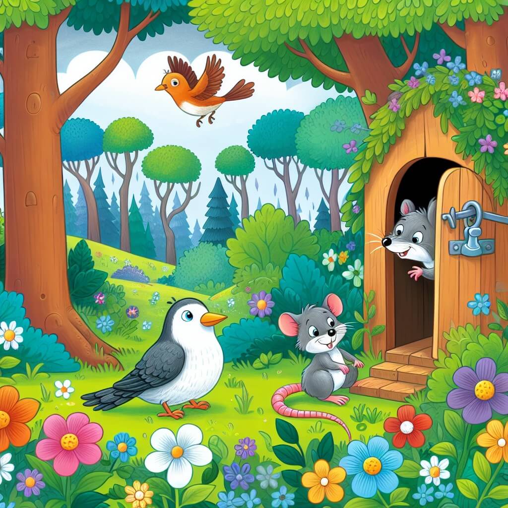 Une illustration destinée aux enfants représentant un petit rat malicieux, se retrouvant enfermé à l'extérieur de sa tanière, accompagné d'un oiseau naïf, dans un magnifique bois enchanté où les arbres sont majestueux et les fleurs multicolores.