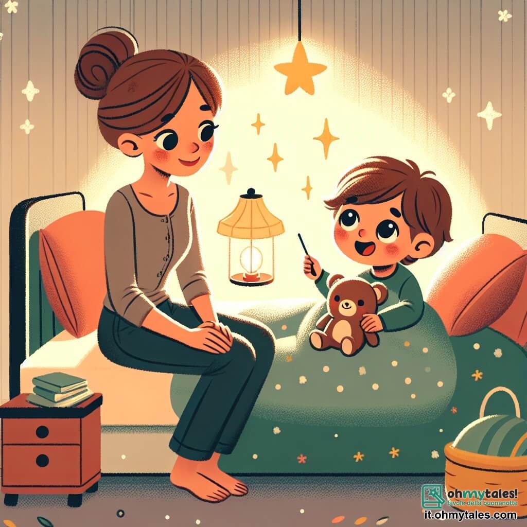 Une illustration sous forme de dessin destinée aux enfants représentant une chambre douillette et légèrement éclairée par une petite lampe de chevet, où un garçon de deux ans aux cheveux bruns et aux yeux pétillants, allongé dans son lit avec un doudou en peluche, regarde avec curiosité la lumière, tandis qu'une gentille maîtresse aux cheveux châtains et au sourire rassurant, assise sur un coussin à côté de lui, lui raconte une histoire sur une étoile brillante, créant une atmosphère chaleureuse et apaisante qui chasse la peur du noir.