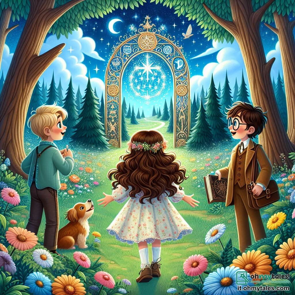 Illustrazione che rappresenta una scena magica in un mondo incantevole, dove grandi alberi con tronchi spessi e fogliosi si ergono verso un cielo blu punteggiato di nuvole soffici. Al centro, un grande portico scintillante, decorato con simboli misteriosi, brilla in mezzo a un boschetto tappezzato di fiori colorati e luminosi. In primo piano, una ragazza di 9 anni, con lunghi capelli castani ondulati e occhi brillanti di curiosità, indossa un vestito leggero con motivi floreali. Sorride meravigliata, con le braccia aperte, pronta a esplorare questo nuovo mondo. Accanto a lei, due amici: un ragazzo di 10 anni, con capelli biondi arruffati e occhiali, che guarda il portico con un'espressione di eccitazione mista a apprensione, e una ragazza di 9 anni, con capelli castani raccolti in due codini, che tiene un piccolo quaderno e una matita, pronta a annotare tutte le loro scoperte. La scena principale mostra i tre avventurieri, affascinati dal portico magico, pronti a varcare la soglia verso l'ignoto. Creature fantastiche, come farfalle scintillanti e piccoli animali curiosi, volano attorno a loro, aggiungendo un tocco di magia all'atmosfera. Raggi di sole filtrano attraverso le foglie, illuminando la scena con una luce dorata e calda.