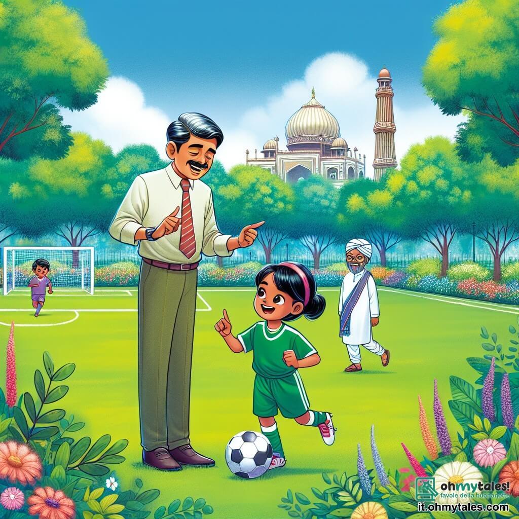 Une illustration destinée aux enfants représentant une jeune femme passionnée de football, qui va réaliser son rêve de devenir une joueuse professionnelle grâce à l'aide d'un célèbre joueur, dans un magnifique parc verdoyant avec un terrain de football au centre, entouré de fleurs colorées et d'arbres majestueux.