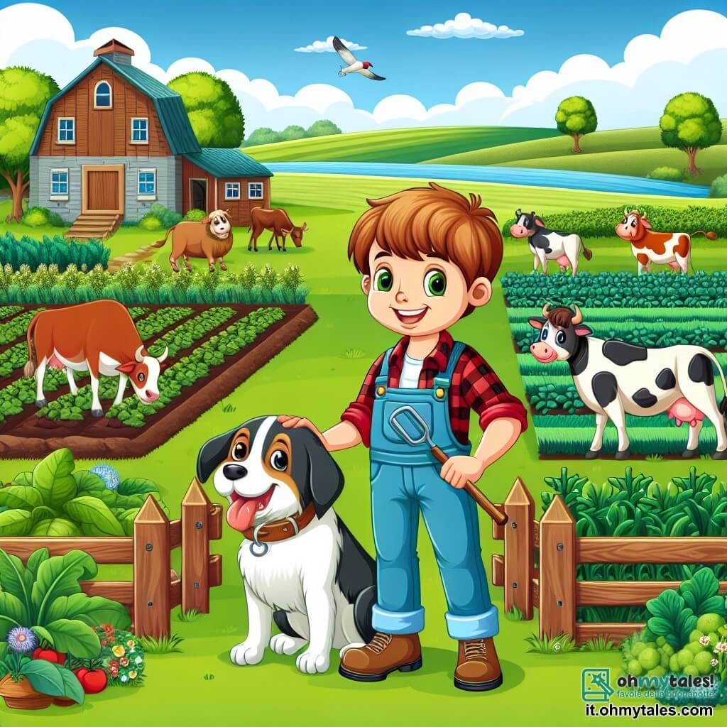 Une illustration destinée aux enfants représentant un jeune fermier passionné par la nature, accompagné de son fidèle chien, dans une ferme pittoresque entourée de champs verdoyants, de vaches paisibles et d'un grand potager coloré.