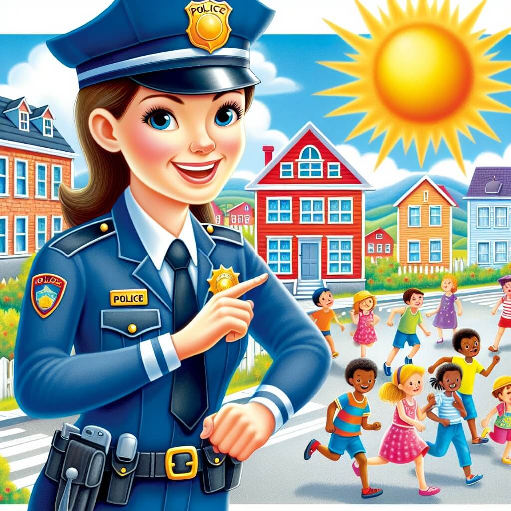 Une illustration destinée aux enfants représentant une jeune policière pleine d'énergie et de détermination, se préparant à organiser une caccia al tesoro pour les enfants de Villaggio Allegro, une ville colorée et animée, avec des rues bordées de maisons aux toits rouges et aux volets peints de couleurs vives, où les enfants jouent joyeusement sous le soleil éclatant.