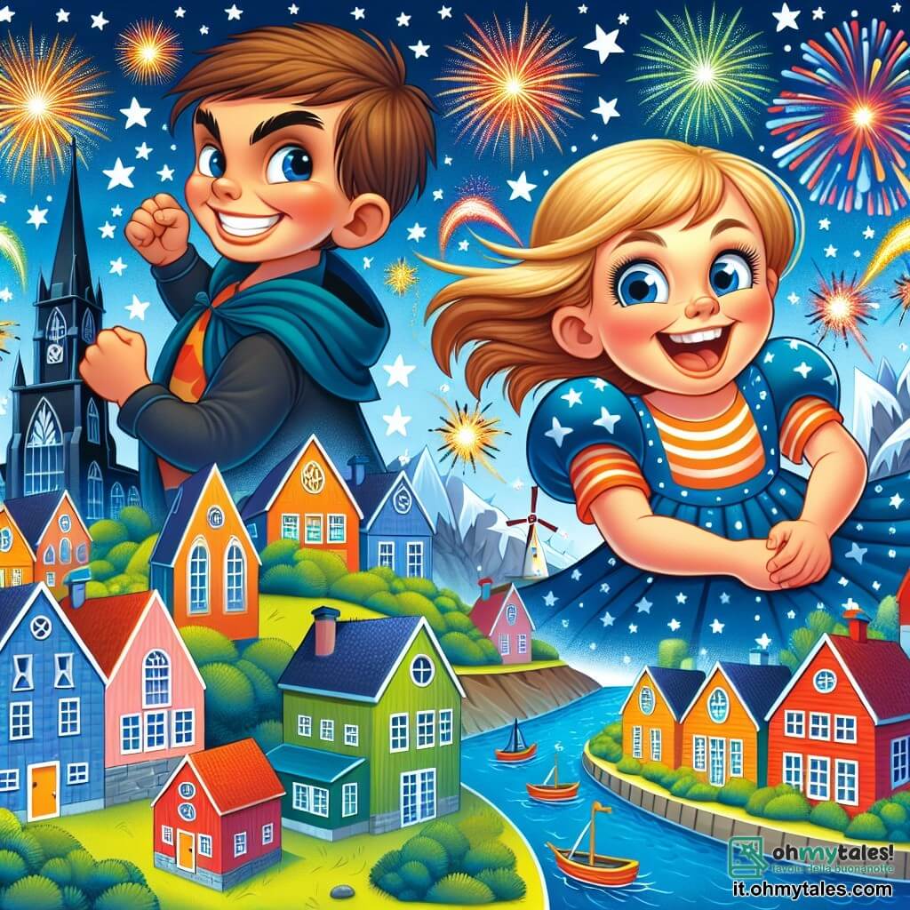 Une illustration destinée aux enfants représentant un garçon espiègle, une nuit étoilée illuminée par des feux d'artifice, une fillette joyeuse et des maisons colorées bordant une petite ville côtière.