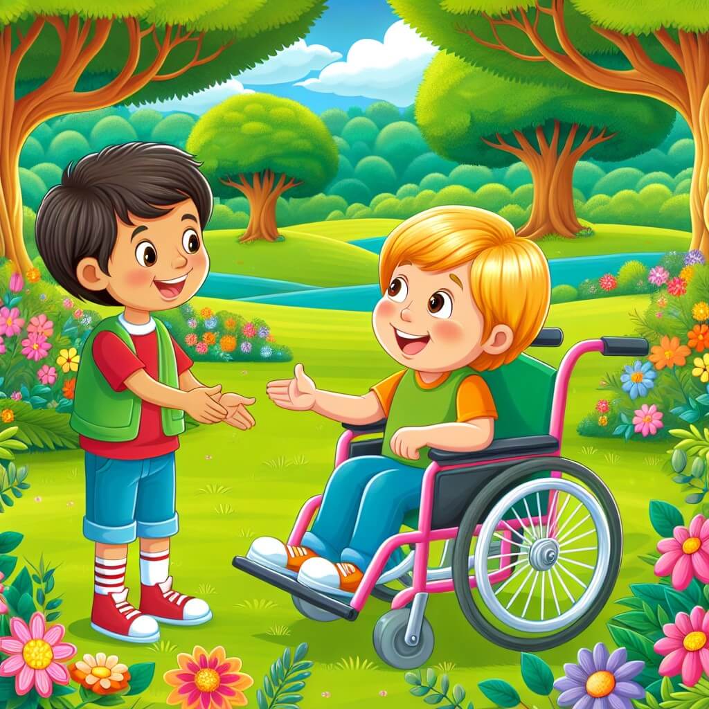 Une illustration destinée aux enfants représentant un jeune garçon plein de vie, assis dans une chaise roulante, qui fait la rencontre d'un autre enfant au sourire lumineux, dans un parc verdoyant avec des arbres majestueux et des fleurs colorées en plein épanouissement.