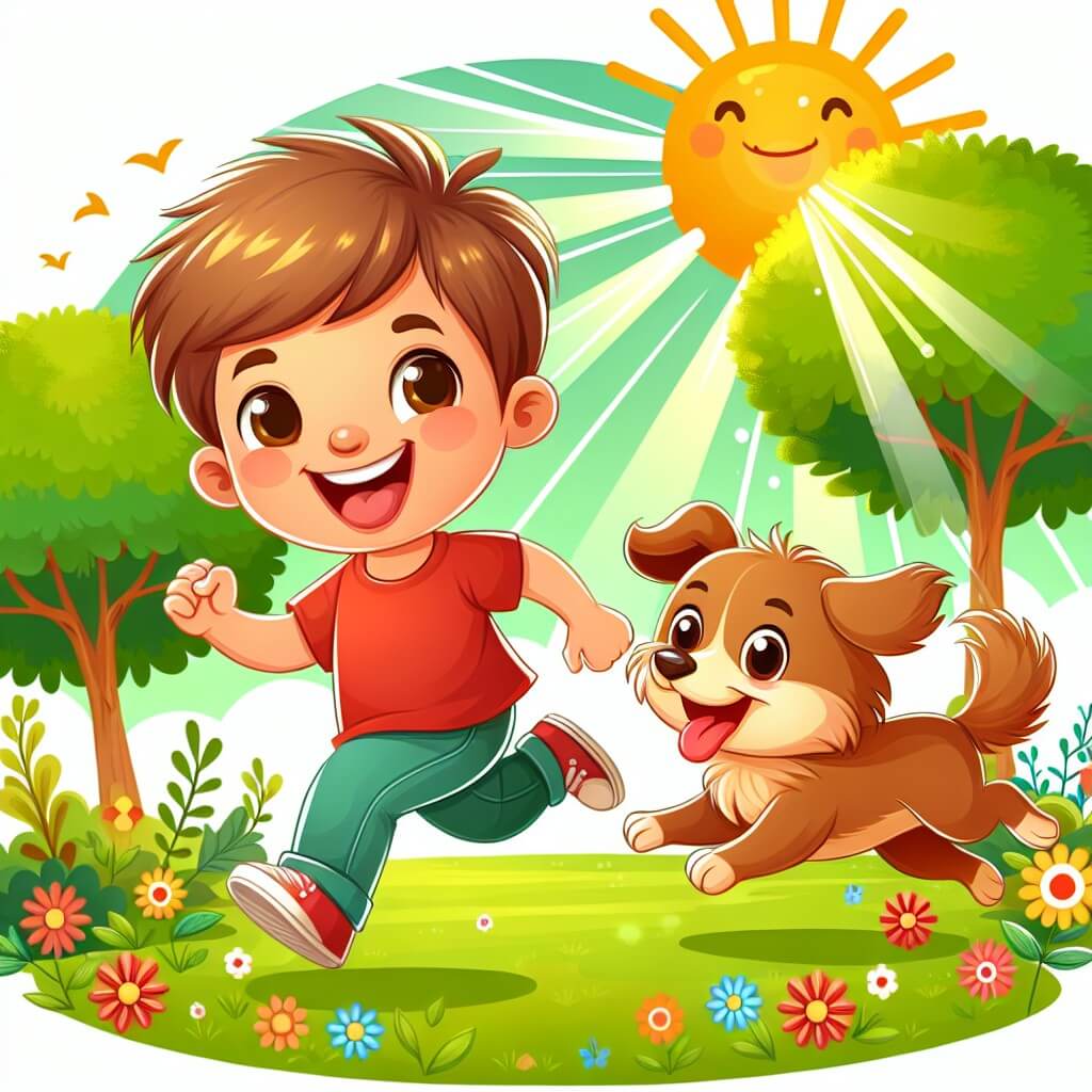 Une illustration destinée aux enfants représentant un garçon espiègle et plein d'énergie, accompagné de son meilleur ami, un chien rigolo, dans un parc ensoleillé rempli d'arbres colorés et de fleurs joyeuses.
