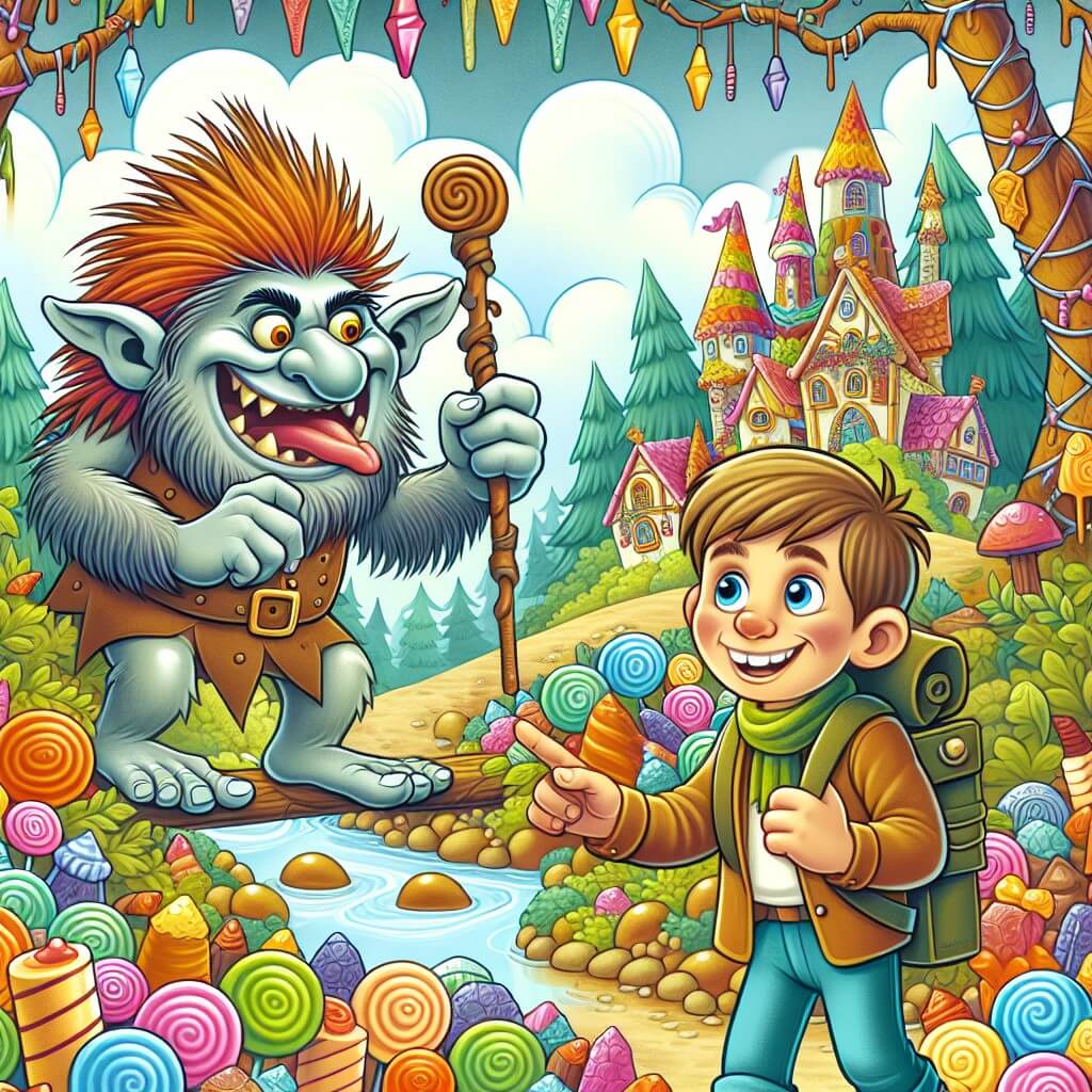 Une illustration destinée aux enfants représentant un troll facétieux découvrant un monde enchanté avec l'aide d'un jeune explorateur dans un royaume magique où les maisons sont faites de bonbons, les arbres ont des feuilles de chocolat et les rues sont pavées de caramels colorés.