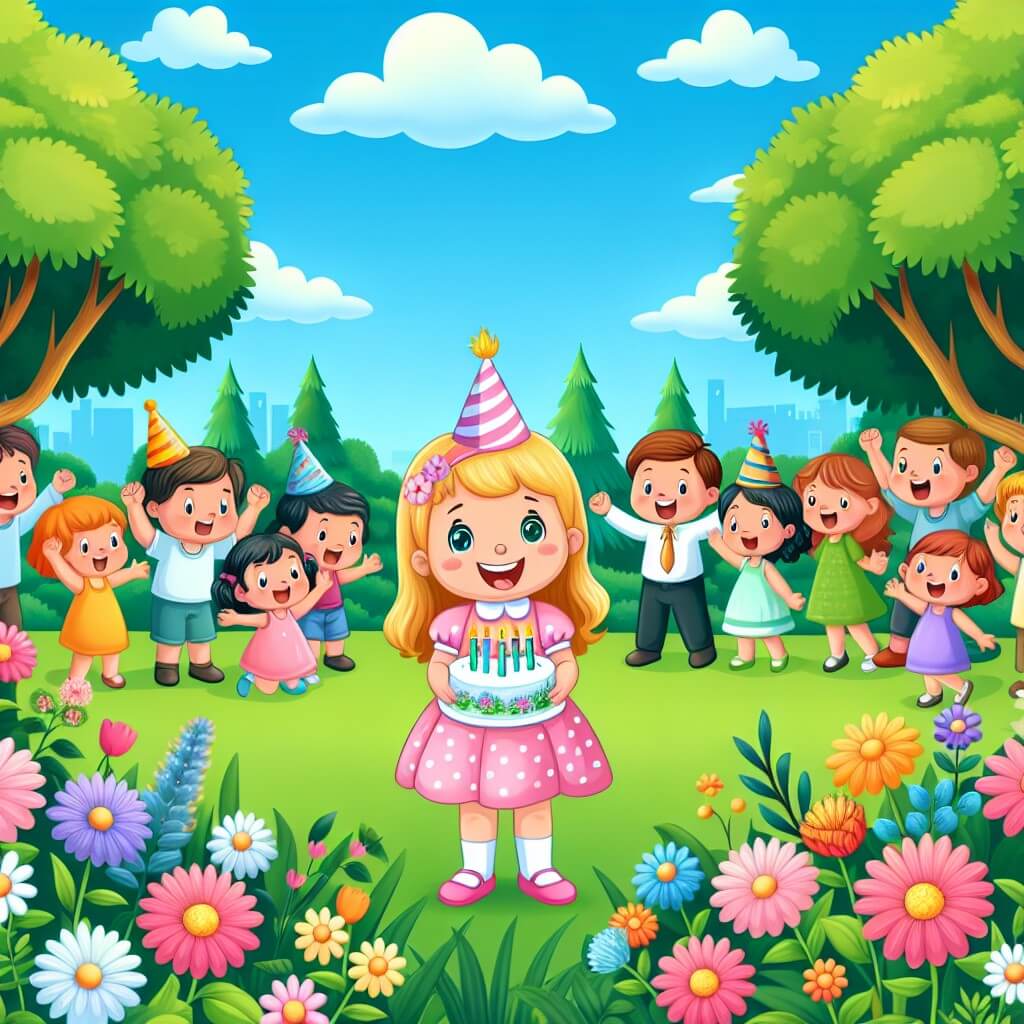 Une illustration destinée aux enfants représentant une petite fille joyeuse, entourée de ses amis et de sa famille, célébrant son anniversaire dans un magnifique parc rempli de fleurs colorées, arbres majestueux et un ciel bleu sans nuages.