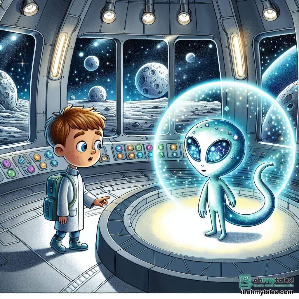 Une illustration sous forme de dessin destinée aux enfants représentant un laboratoire futuriste sur une lune argentée, avec de grandes fenêtres donnant sur un paysage de cratères scintillants, où un garçon de 11 ans aux cheveux châtain et aux yeux curieux observe avec émerveillement un artefact extraterrestre lumineux, tandis qu'un extraterrestre bleu aux formes sinueuses et aux yeux brillants lui explique la signification de l'objet, créant une atmosphère de découverte et d'amitié intergalactique.