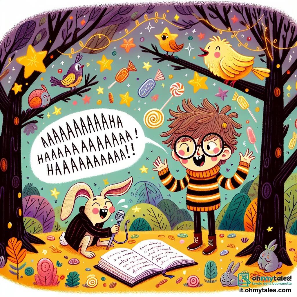 Une illustration sous forme de dessin destinée aux enfants représentant une forêt enchantée où les arbres dansent et les étoiles brillent comme des diamants, avec un garçon de 12 ans aux cheveux ébouriffés et aux lunettes rondes, riant tout en racontant une blague à un coniglio parlant en pull rayé qui l'écoute attentivement, tandis qu'un oiseau jaune sur une branche voisine éclate de rire, le tout entouré de couleurs vives et de bonbons flottants, illustrant le moment joyeux où le garçon utilise son humour pour redonner le sourire aux créatures de la forêt.