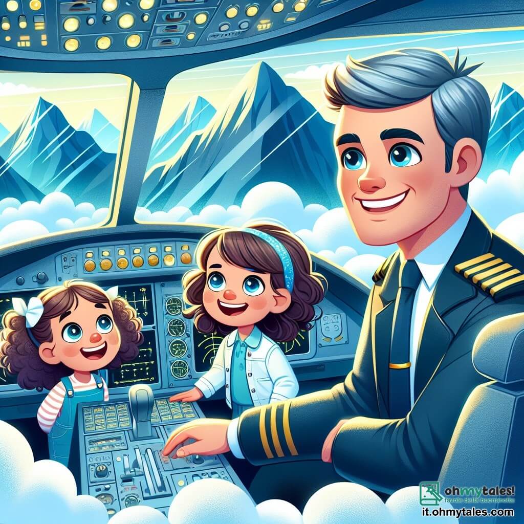 Une illustration destinée aux enfants représentant un homme au sourire chaleureux, vêtu d'une élégante veste de pilote bleu, naviguant avec assurance dans un cockpit d'avion rempli d'instruments scintillants, tandis que deux enfants, une fille aux cheveux bouclés et un garçon aux yeux pétillants, s'émerveillent de leur vol au-dessus d'un vaste paysage de montagnes majestueuses et de nuages cotonneux dans un ciel azur.