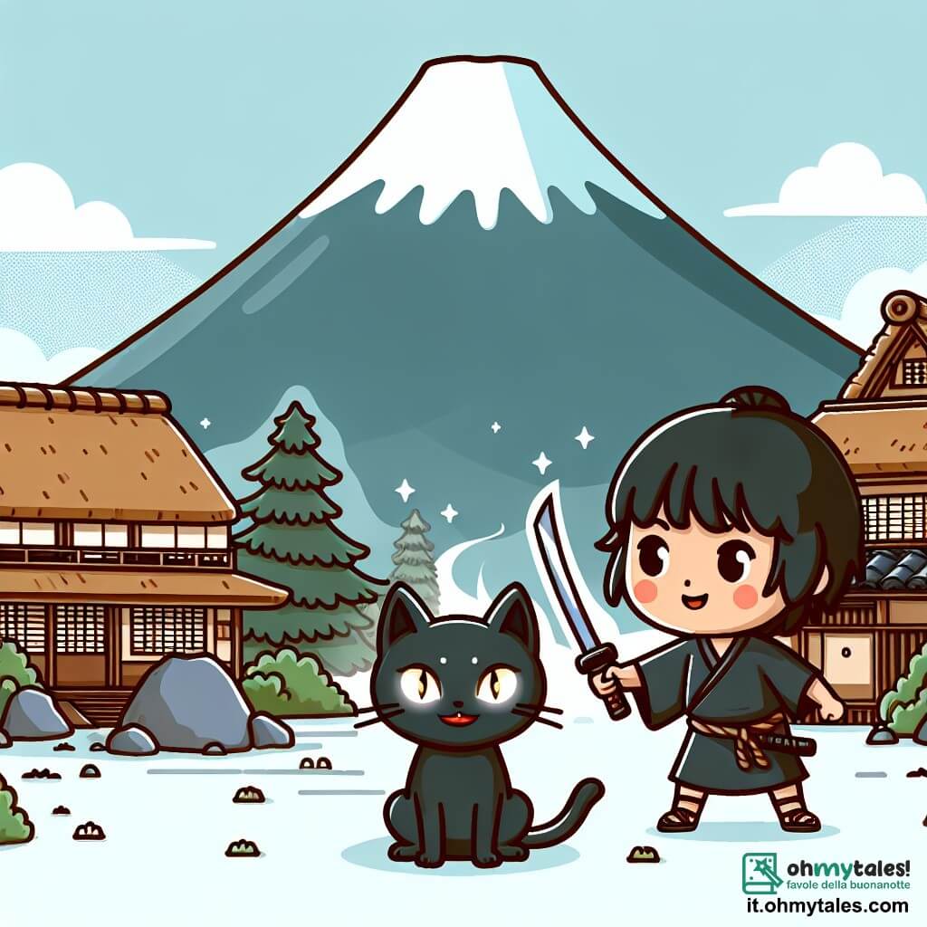 Une illustration destinée aux enfants représentant une jeune femme courageuse dans un village japonais au pied du majestueux Mont Fuji, accompagnée d'un mystérieux chat noir aux yeux brillants, tous deux prêts à affronter un démon maléfique pour sauver leur communauté.