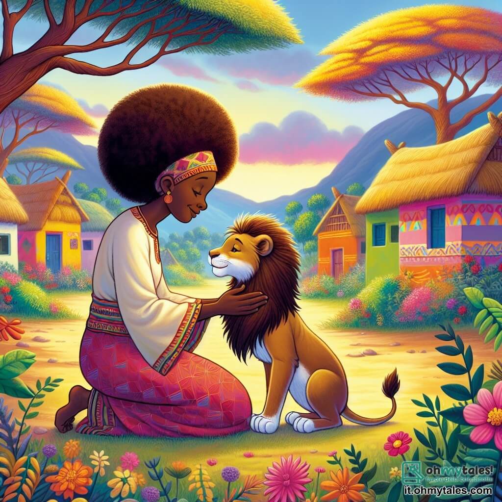 Une illustration destinée aux enfants représentant une femme sage et aimante, aidant un jeune lion courageux, dans un village africain coloré, entouré de grands arbres et de fleurs sauvages.
