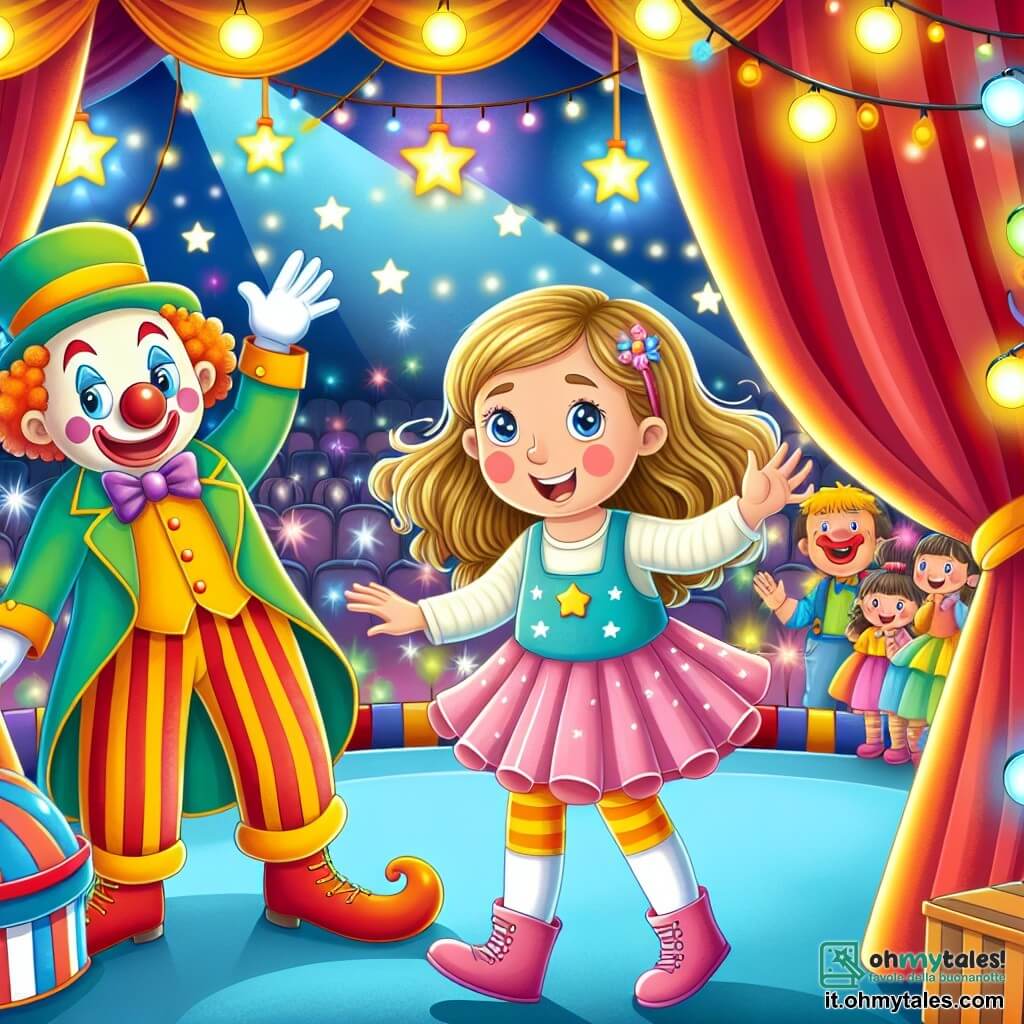 Une illustration destinée aux enfants représentant une fillette curieuse explorant les coulisses d'un cirque, accompagnée d'un clown jovial, dans un tendone coloré rempli de lumières étincelantes et de sons joyeux.
