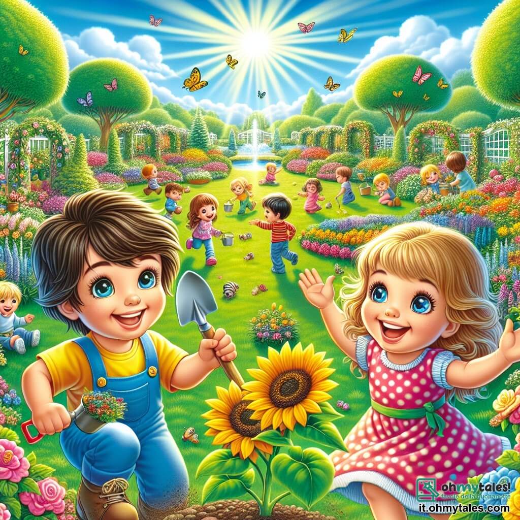 Illustrazione che rappresenta un grande giardino soleggiato, pieno di fiori colorati e alberi maestosi. Al centro, un vasto prato verdeggiante dove i bambini giocano allegramente. Un ragazzo di cinque anni, con capelli castani e occhi scintillanti, indossa una maglietta gialla e pantaloni blu. Sta piantando un grande seme di girasole, con un ampio sorriso sul volto. Accanto a lui, una ragazza di cinque anni, con capelli biondi e due codini, indossa un vestito rosa a pois. Ride mentre tiene una piccola pala, pronta ad aiutarlo. Sullo sfondo, un gruppo di bambini, maschi e femmine, è impegnato nella caccia al tesoro, cercando oggetti nascosti nell'erba. Il cielo è blu con alcune nuvole bianche e farfalle colorate volano tra i fiori. L'atmosfera è gioiosa e piena di vita, illustrando lo spirito delle vacanze estive e l'amicizia.