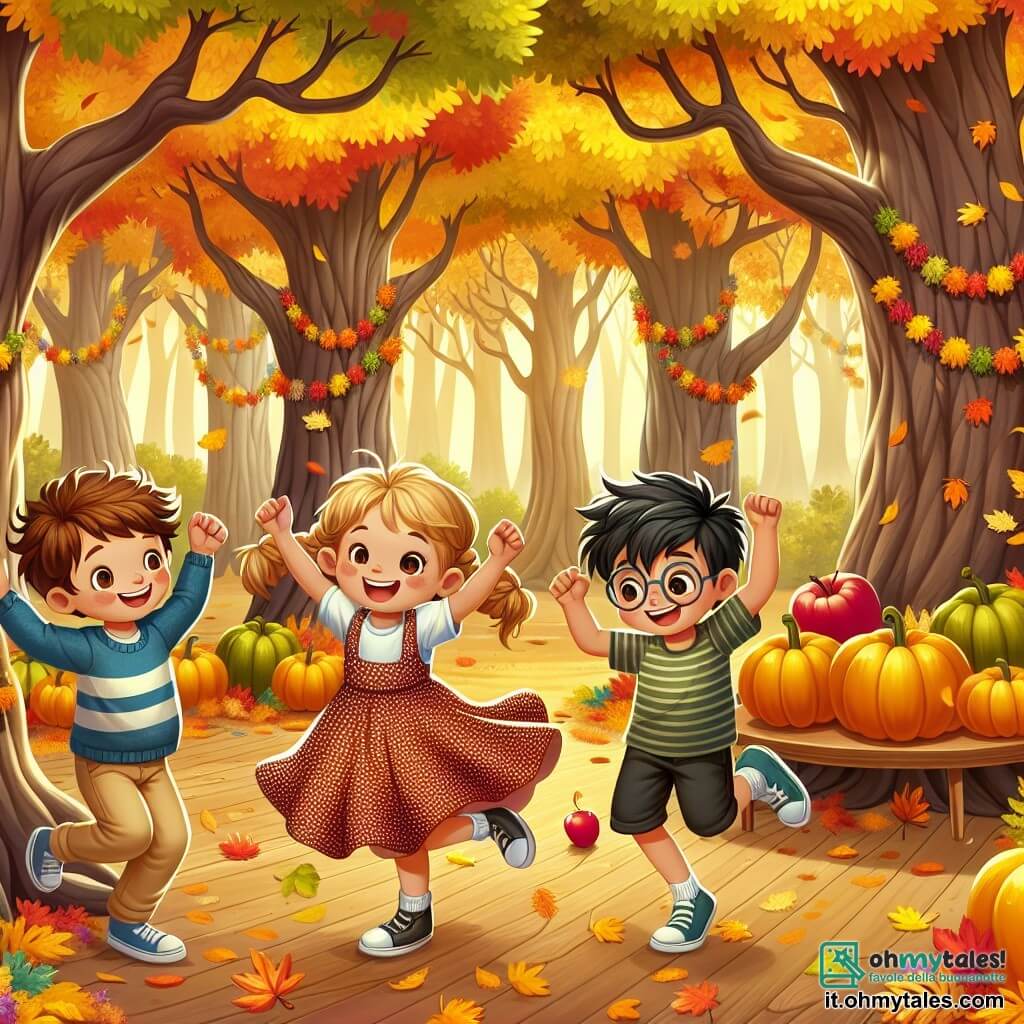 Illustrazione che rappresenta una scena gioiosa di una festa autunnale in una foresta incantata. Gli alberi maestosi, con tronchi spessi e rami estesi, sono coperti di foglie dai colori vivaci: giallo, arancione e rosso. Il terreno è ricoperto di foglie secche che scricchiolano sotto i passi. Al centro dell'immagine, tre bambini stanno ballando. Un ragazzo di circa 7 anni, con capelli castani e occhi scintillanti, indossa un maglione blu e pantaloni beige. Sorride ampiamente, con le braccia alzate, girando su se stesso. Accanto a lui, una ragazza di circa 6 anni, con capelli biondi e trecce, indossa un vestito rosso a pois bianchi. Ride gioiosamente, tenendo una mela rossa in mano. Infine, un altro ragazzo, di 8 anni, con capelli neri e occhiali, indossa una maglietta verde e pantaloni corti. Fa movimenti di danza divertenti, aggiungendo energia alla scena. Sullo sfondo, zucche di diverse dimensioni sono disposte su un tavolo, e ghirlande di foglie colorate pendono dai rami. Il cielo è di un blu chiaro, punteggiato da alcune nuvole bianche, e la luce del sole filtra attraverso le foglie, creando un'atmosfera calda e festosa.