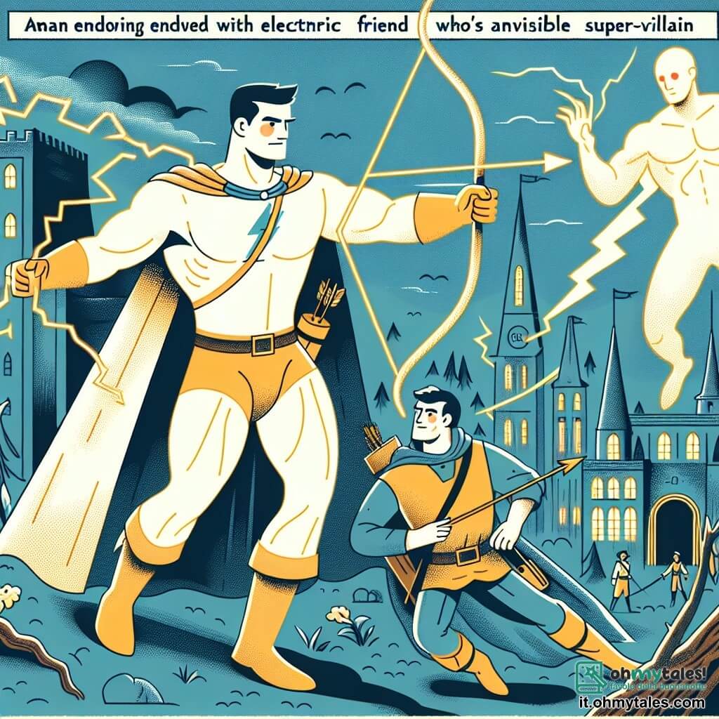 Une illustration destinée aux enfants représentant un homme doté de pouvoirs électriques, accompagné de son fidèle ami archer, luttant contre un super-vilain invisible, dans une ville entourée de montagnes et de forets mystérieuses.