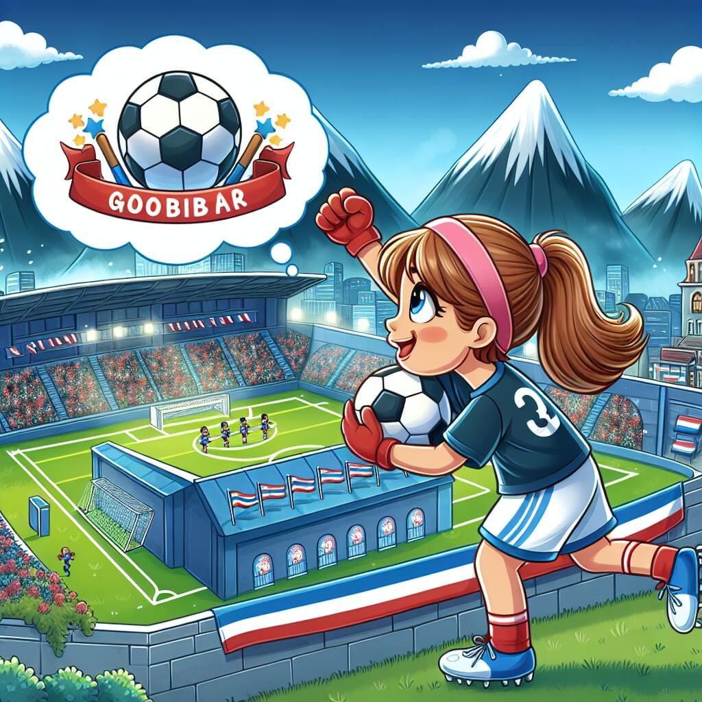 Une illustration destinée aux enfants représentant une joueuse de football passionnée, qui réalise son rêve en jouant pour son équipe favorite, la Juventus, avec en arrière-plan le magnifique stade Allianz situé au cœur de Turin, entouré de montagnes majestueuses et d'un ciel bleu éclatant.