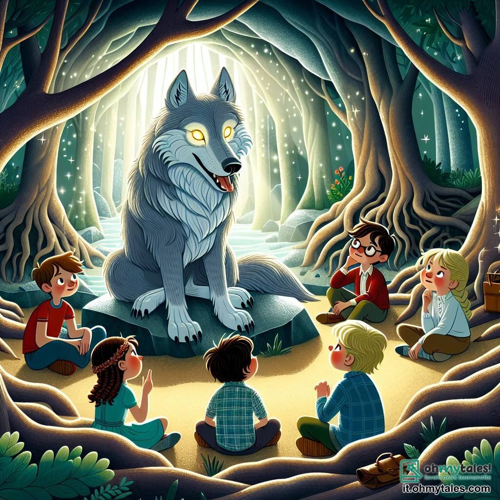 Illustrazione che rappresenta una caverna misteriosa nel cuore di una foresta incantata. Le pareti della caverna brillano come diamanti sotto la luce soffusa che filtra dall'ingresso, mentre le radici degli alberi si intrecciano a terra, creando un'atmosfera magica. Al centro della scena, un grande lupo dal pelo grigio argenteo, con occhi gialli brillanti, è seduto su una roccia. Ha un'espressione sia maestosa che malinconica, come se portasse il peso di una triste storia. Intorno a lui, cinque bambini: tre ragazzi e due ragazze. Uno dei ragazzi, di circa 10 anni, ha i capelli castani in disordine e indossa una maglietta rossa. Guarda il lupo con curiosità. Un altro ragazzo, un po' più grande, porta occhiali e un sorriso incoraggiante, vestito con una camicia a quadri. La prima ragazza, di circa 9 anni, ha lunghi capelli biondi e indossa un vestito blu, tiene la mano della sua amica. La seconda ragazza, un po' più grande, ha capelli castani e trecce, osserva il lupo con compassione. La scena principale mostra i bambini che ascoltano attentamente il lupo, che racconta la sua storia. L'atmosfera è sia tesa che piena di speranza, con raggi di luce che illuminano i volti dei bambini, simboleggiando scoperta e amicizia. Fiori colorati e funghi magici circondano l'ingresso della caverna, aggiungendo un tocco di magia a questa scena affascinante.
