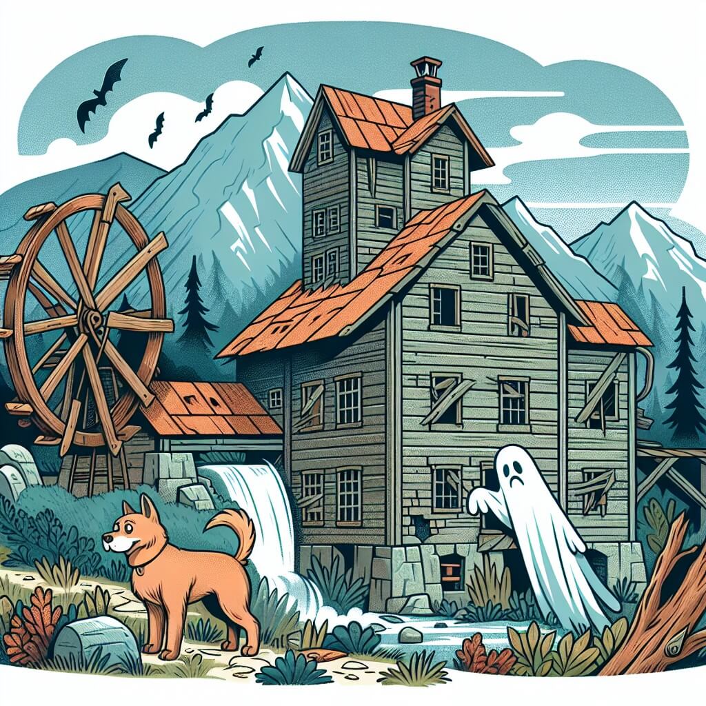 Une illustration destinée aux enfants représentant un fantôme curieux et bienveillant, accompagné de son fidèle chien, qui enquête sur les secrets d'un vieux moulin abandonné, situé au pied d'une montagne majestueuse, avec ses fenêtres brisées, son bois couvert de mousse et de toiles d'araignées, donnant l'impression d'une créature endormie prête à se réveiller.