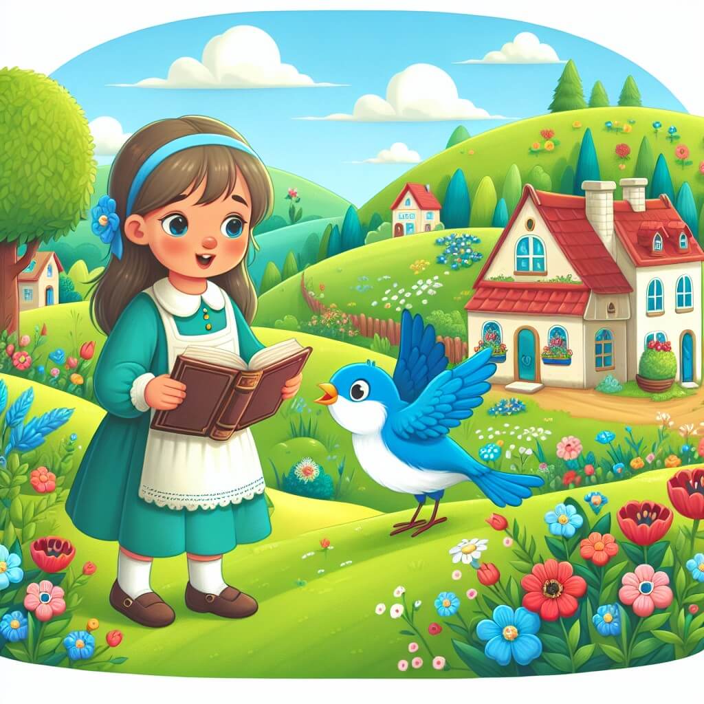 Une illustration destinée aux enfants représentant une jeune fille curieuse, se tenant sur une colline verdoyante, accompagnée d'un oiseau bleu parlant, dans un village enchanteur entouré de fleurs colorées, où elle découvrira un mystérieux livre et s'embarquera dans un voyage vers une île magique des rêves.