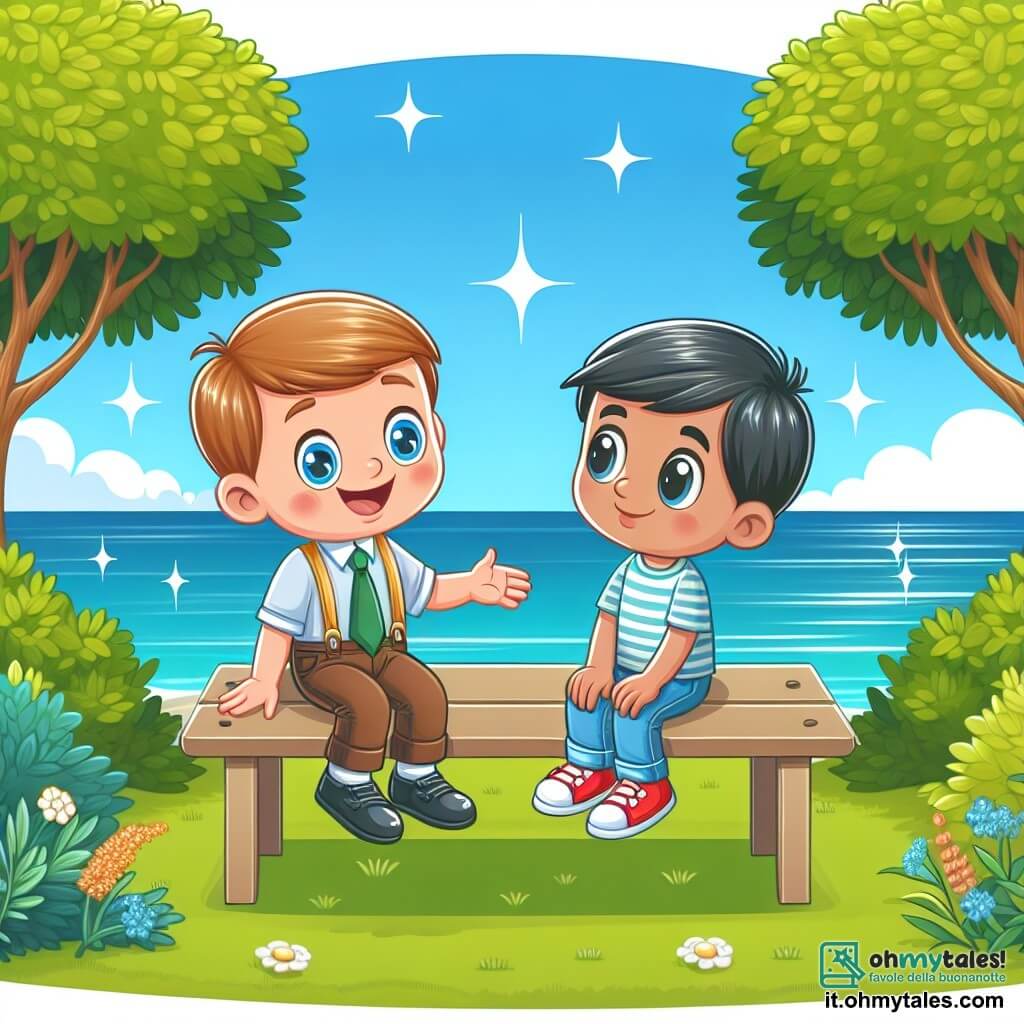 Une illustration destinée aux enfants représentant un jeune garçon curieux et plein d'énergie, faisant la rencontre d'un nouvel ami solitaire sur une panchina dans un parc verdoyant près de la mer scintillante.