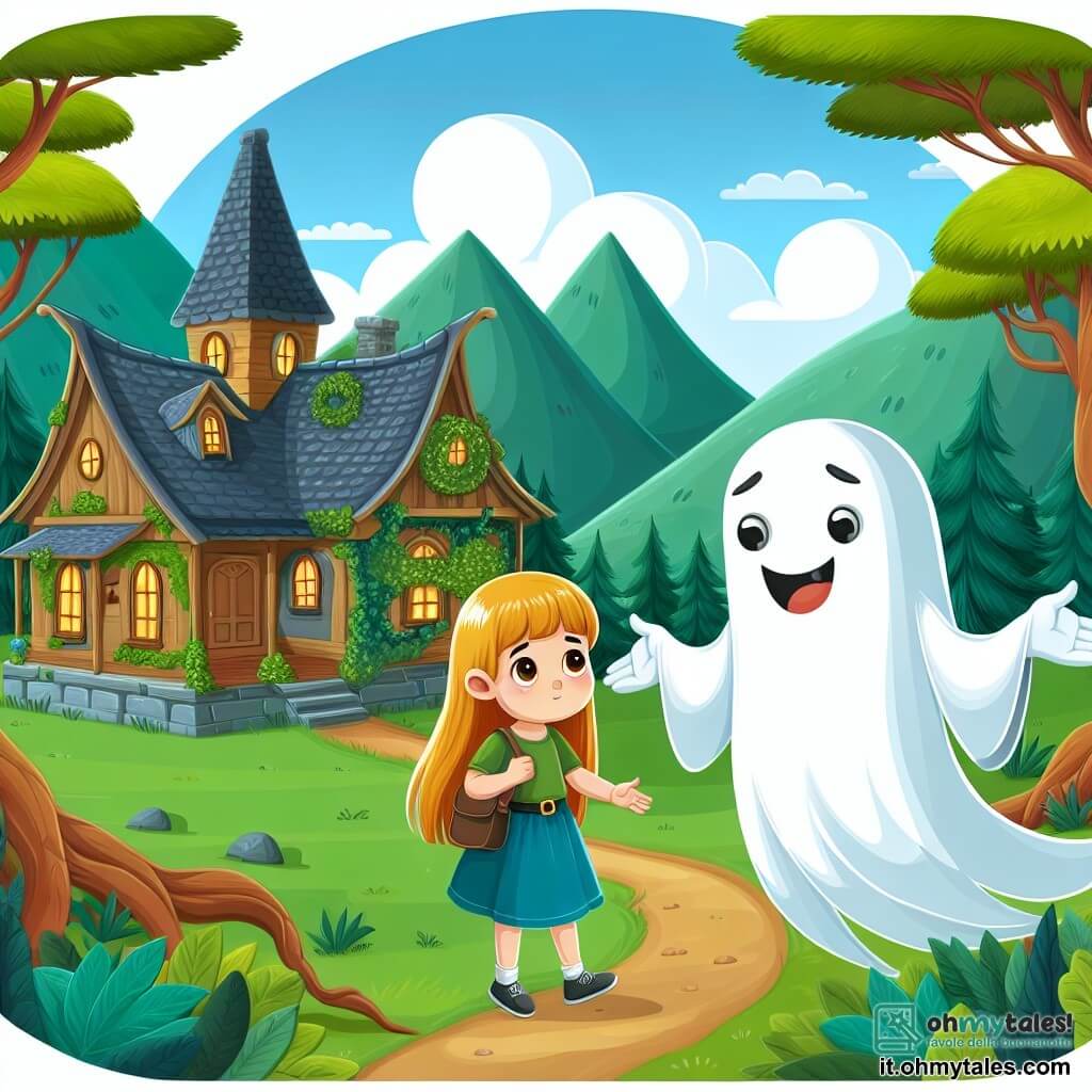 Une illustration destinée aux enfants représentant un fantôme souriant accueillant une petite fille timide dans une maison magique cachée parmi des collines verdoyantes et des arbres majestueux.