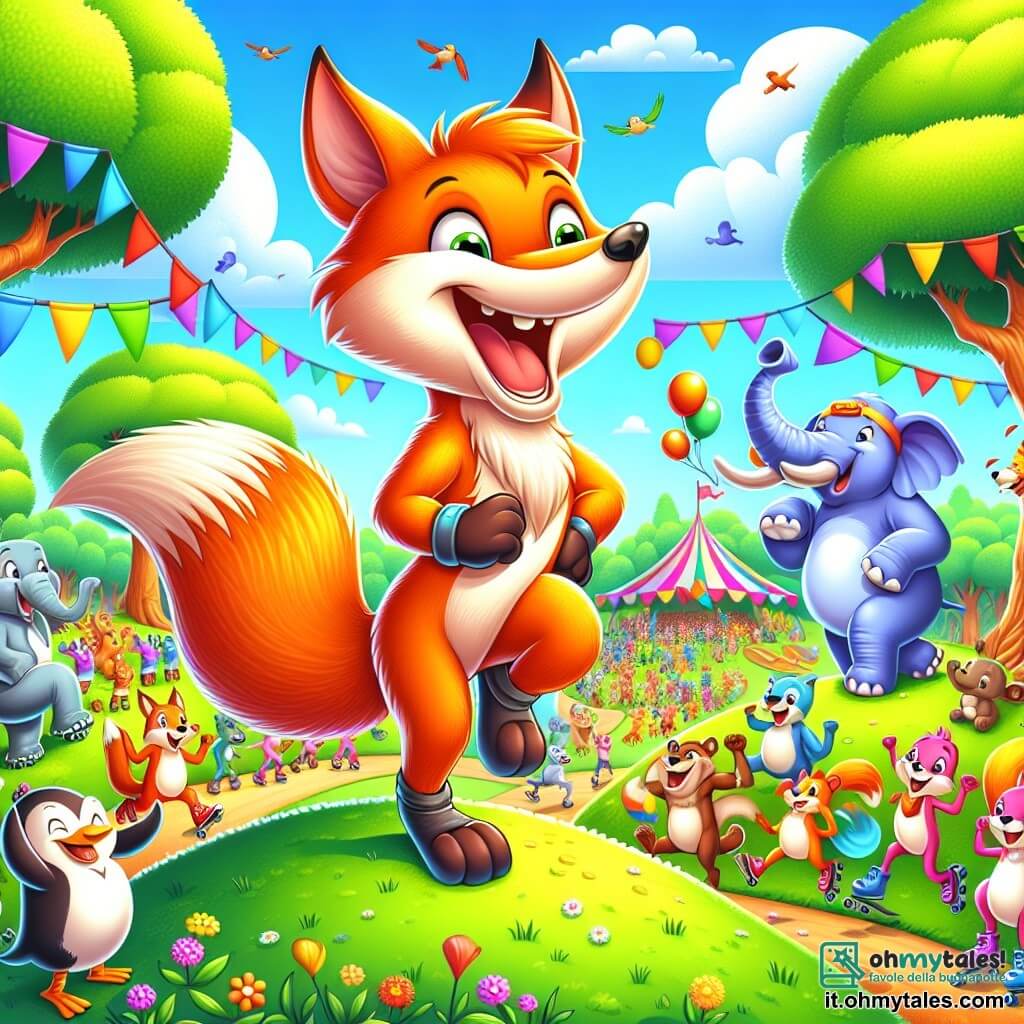 Illustrazione che rappresenta una scena animata in un villaggio di animali colorato, dove gli alberi sono di un verde brillante e il cielo è di un blu radioso. Al centro, una volpe birichina con un pelo arancione vivace, occhi maliziosi e una coda folta, si trova su una collina, ridendo gioiosamente mentre osserva una grande corsa di animali. Intorno a lui, diversi animali partecipano alla competizione: un canguro muscoloso con zampe potenti che si riscalda con salti, un elefante divertente che cerca di fare giocoleria con palloni colorati, e un pinguino sui pattini a rotelle che scivola con agilità. La scena principale mostra la volpe mentre ride e incoraggia i suoi amici, preparando a partecipare alla corsa, con un grande sorriso sul volto. Sullo sfondo, spettatori animali, come uccelli e scoiattoli, applaudono e si divertono, aggiungendo un'atmosfera festosa alla scena. Bandierine colorate sventolano nel vento e fiori vivaci costeggiano il percorso della corsa, creando un'atmosfera gioiosa e dinamica.