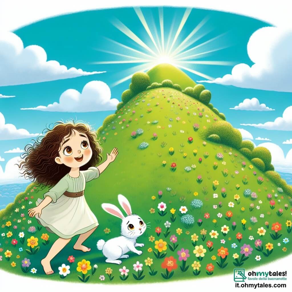 Une illustration sous forme de dessin destinée aux enfants représentant une colline verdoyante parsemée de fleurs colorées sous un ciel bleu éclatant, où une fille de 9 ans aux cheveux bruns et bouclés, vêtue d'une robe légère, grimpe avec enthousiasme, accompagnée d'un petit coniglio bianco aux yeux vifs qui semble inquiet, alors qu'ils cherchent ensemble la Felicità, symbolisée par un doux rayon de soleil qui perce les nuages au sommet de la colline, créant une atmosphère magique et pleine d'espoir.