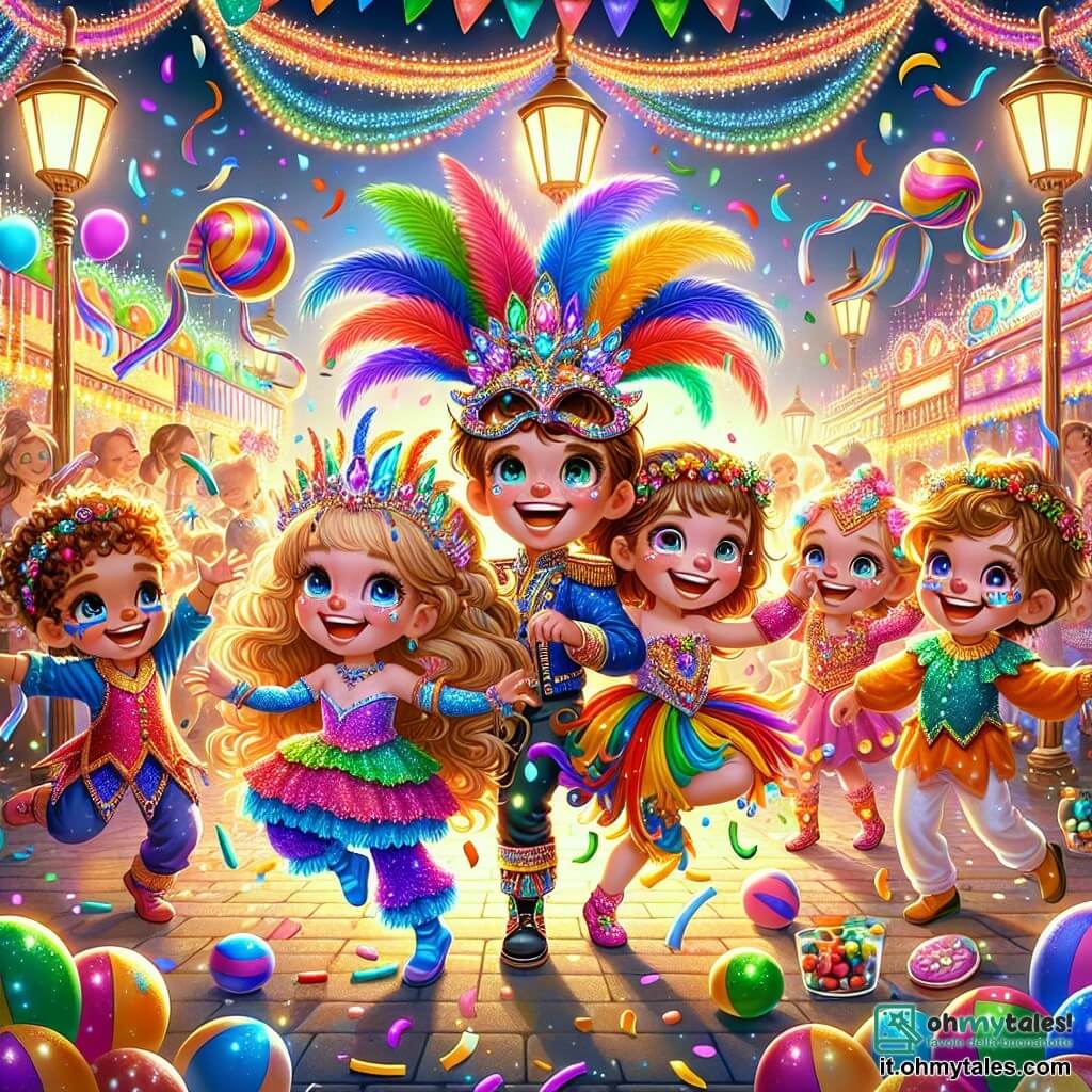 Illustrazione che rappresenta una scena vibrante di un carnevale in pieno svolgimento. Il luogo è una piazza animata, adornata con ghirlande di luci colorate, bancarelle di dolci e decorazioni in carta crespa che fluttuano nell'aria. Dei coriandoli multicolori scendono dolcemente dal cielo, aggiungendo un tocco di magia all'atmosfera festiva. Al centro della scena, un bambino di cinque anni, con capelli castani e ricci, indossa una magnifica maschera con piume arcobaleno e cristalli scintillanti. Accanto a lui, tre amici: una ragazza di cinque anni con lunghi capelli biondi intrecciati, vestita con un abito colorato, che ride gioiosamente; un ragazzo di sei anni, con occhiali tondi e un costume da clown, che fa giocoleria con delle palle; e una ragazza di cinque anni, con capelli castani, che indossa un costume da fata e danza con movimenti aggraziati. La scena principale mostra i bambini che si divertono insieme, circondati dalla magia del carnevale, con sorrisi luminosi e occhi scintillanti di gioia. Sullo sfondo, adulti in costumi vari ballano e cantano, mentre un grande carro decorato con fiori e luci sfilano lentamente, contribuendo all'atmosfera festiva. Palloni fluttuano nell'aria e una musica gioiosa risuona, creando una scena piena di vita e felicità.