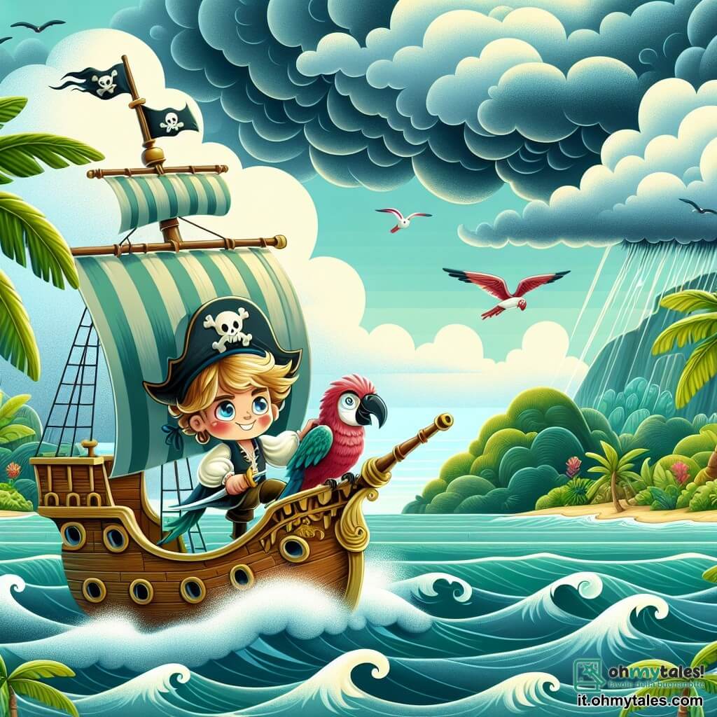 Une illustration destinée aux enfants représentant un jeune garçon intrépide, accompagné de son fidèle perroquet bavard, naviguant sur un navire pirate majestueux au milieu d'une mer scintillante parsemée d'îles tropicales luxuriantes et de tempêtes menaçantes.