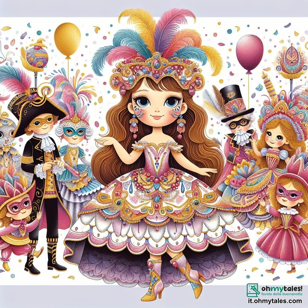 Une illustration destinée aux enfants représentant une jeune fille vêtue d'un magnifique costume de carnaval, entourée de ses amis qui sont tous déguisés en personnages fantastiques, dans un décor féerique rempli de confettis et de ballons colorés.