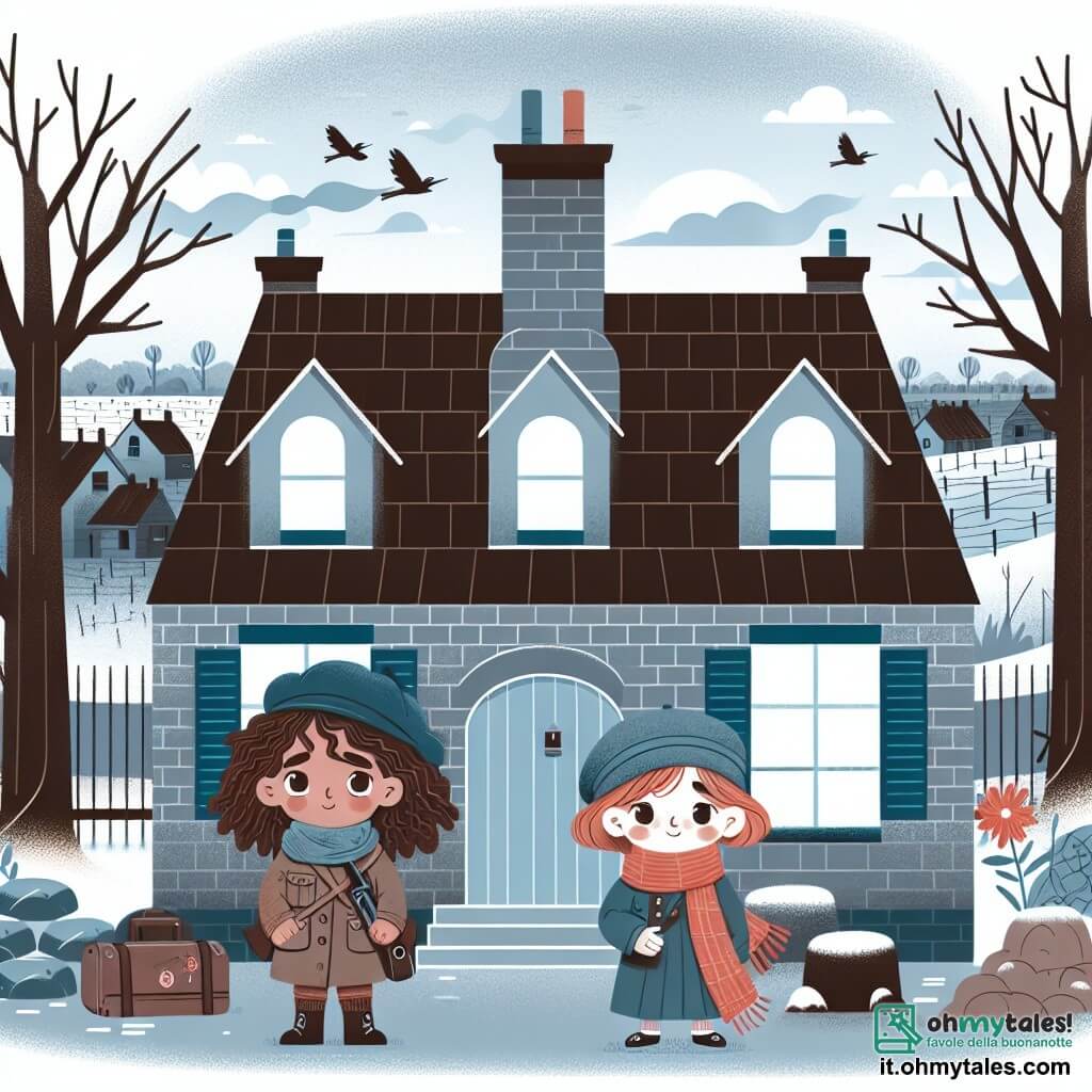 Une illustration destinée aux enfants représentant une jeune fille courageuse vivant pendant la guerre, accompagnée de sa meilleure amie, une fille aux cheveux bouclés, dans une petite maison en briques grises aux volets bleus, entourée d'arbres dénudés et de champs de bataille lointains.