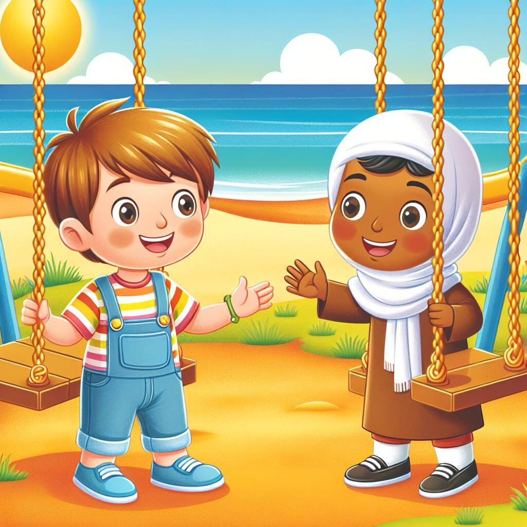 Une illustration destinée aux enfants représentant un petit garçon curieux et énergique, se liant d'amitié avec un nouvel arrivant d'un pays lointain, dans un parc en bord de mer où le sable doré et les altalene colorées créent un cadre chaleureux et accueillant.