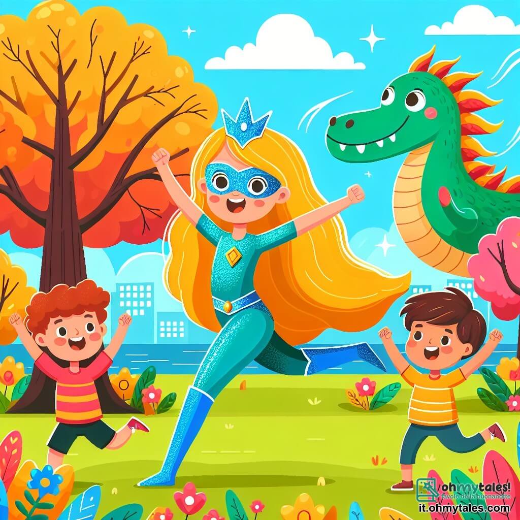 Une illustration sous forme de dessin destinée aux enfants représentant un parc coloré avec des arbres aux feuilles éclatantes et des fleurs multicolores, où une super-héroïne aux longs cheveux dorés et à un costume bleu scintillant sourit joyeusement tout en volant dans les airs, entourée de plusieurs enfants aux yeux émerveillés, un garçon aux cheveux bruns et une fille aux cheveux roux levant les bras en l'air, tandis qu'un grand dragon de fumée grise, au regard triste, les observe, créant une atmosphère de magie et d'amitié, alors qu'ils s'apprêtent à aider le dragon à retrouver son chemin vers sa maison.