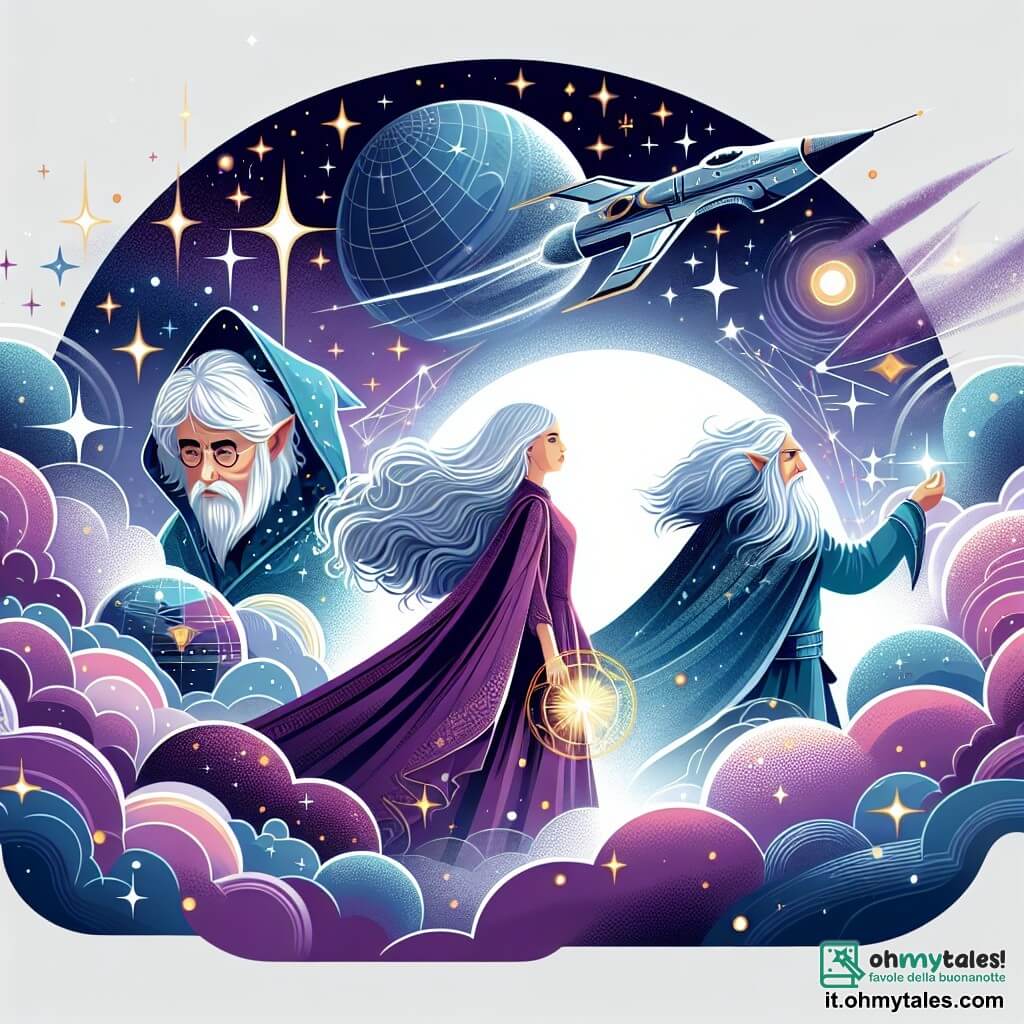 Une illustration destinée aux enfants représentant une femme courageuse aux cheveux argentés, sur le point d'explorer un mystérieux planète enveloppée d'une nebbia viola, accompagnée d'un mago ancien et de son astronef brillant, dans un univers où les étoiles dansent autour d'eux.