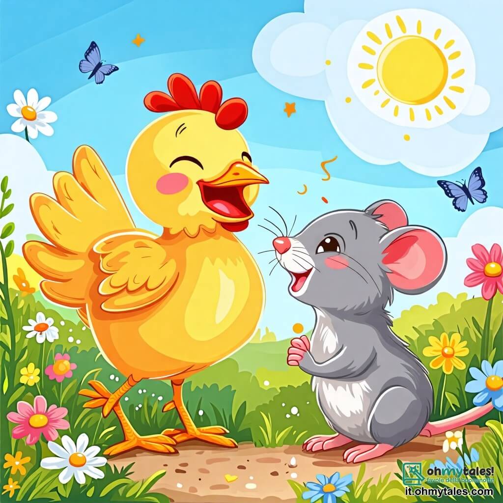 Une illustration sous forme de dessin destinée aux enfants représentant un charmant petit cour de ferme, avec une poule aux plumes dorées et brillantes qui rit joyeusement en sautillant, tandis qu'un petit rat gris aux yeux pétillants et au sourire malicieux se tient à côté d'elle, racontant une blague, entourés de fleurs colorées et d'un ciel bleu ensoleillé, capturant l'esprit d'amitié et de joie de leur moment de jeu.