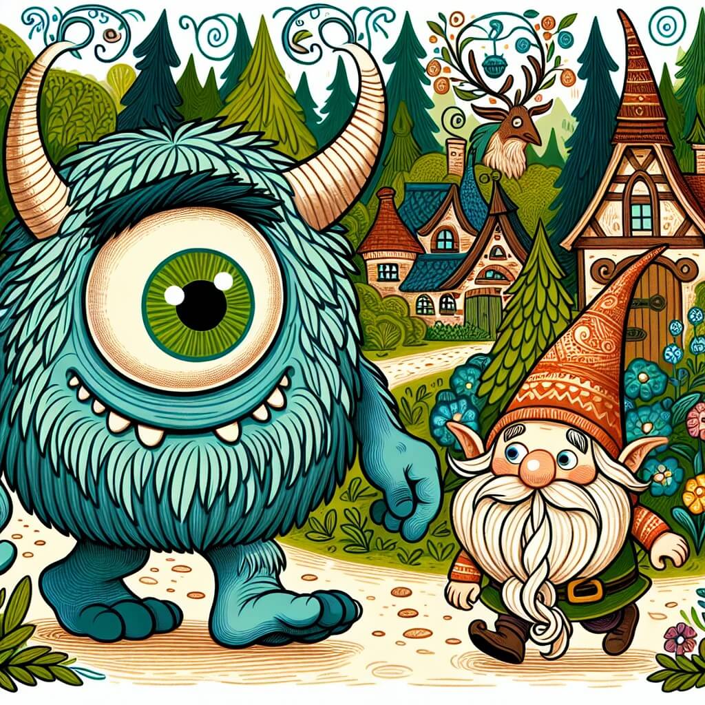 Une illustration destinée aux enfants représentant une créature rigolote, un monstre géant avec un seul grand œil vert, se promenant dans un village enchanté au cœur d'un bois magique, où il rencontre un adorable petit follet avec un immense chapeau pointu et une longue barbe riccioluta.