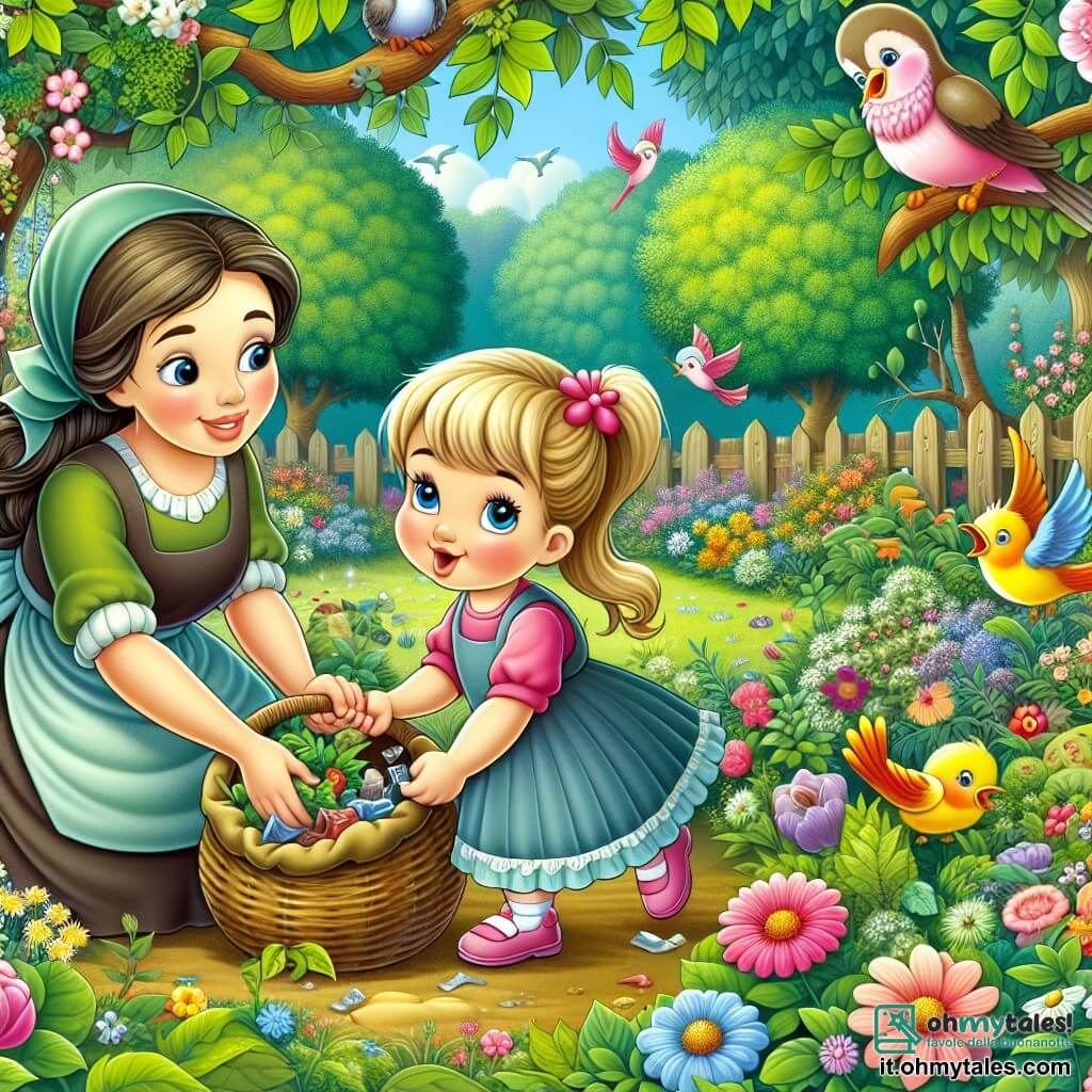 Une illustration destinée aux enfants représentant une petite fille curieuse ramassant des déchets dans un jardin fleuri, accompagnée de sa maman bienveillante, entourées de fleurs colorées, d'arbres verdoyants et d'adorables oiseaux chanteurs, créant ainsi un tableau enchanteur et éducatif sur l'importance de prendre soin de la nature.