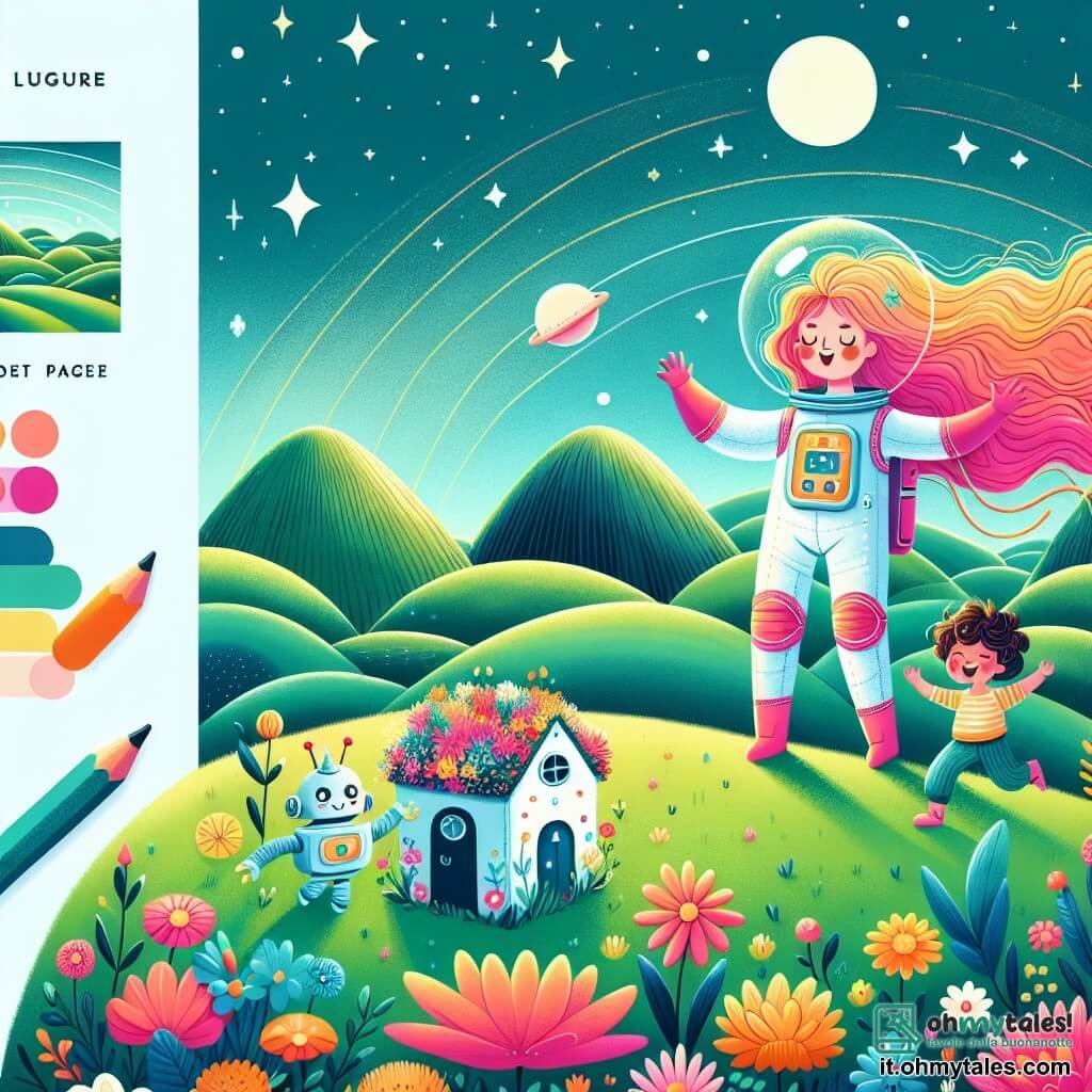 Une illustration sous forme de dessin destinée aux enfants représentant un paysage enchanteur du planète Luceverdesole, avec des collines verdoyantes et des fleurs colorées sous un ciel étoilé, où une femme courageuse aux cheveux longs et brillants, portant une combinaison spatiale colorée, sourit tout en construisant une maison avec des fleurs, accompagnée d'un robot amical aux formes arrondies et aux yeux lumineux, et d'un garçon aux cheveux bouclés et au visage joyeux qui danse autour d'eux, illustrant l'esprit d'aventure et d'amitié dans un monde de paix et de découvertes.