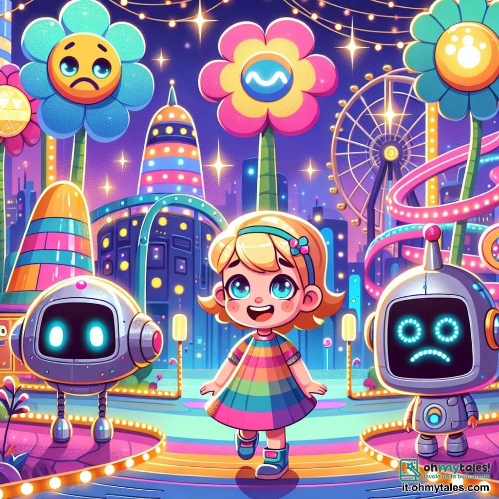 Une illustration sous forme de dessin destinée aux enfants représentant un parc futuriste coloré de la ville de Luminaria, avec des jeux en forme de fleurs géantes et des lumières scintillantes, où une petite fille de 5 ans aux cheveux blonds et aux yeux azurés, vêtue d'une robe colorée, sourit joyeusement en jouant avec un robot triste aux yeux lumineux, tandis qu'un garçon de son âge, avec des cheveux bruns et un t-shirt rayé, les observe avec enthousiasme, tous trois cherchant ensemble un ami robot perdu dans un monde magique rempli de créatures fantastiques et de technologies étonnantes.