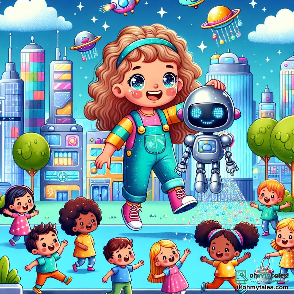 Une illustration sous forme de dessin destinée aux enfants représentant une ville futuriste éclatante avec des gratte-ciels scintillants et des jardins volants, où une fille de 7 ans aux cheveux bouclés et aux yeux pétillants, vêtue d'une combinaison colorée, s'amuse à jouer avec un petit robot en métal brillant à ses côtés, tandis qu'un groupe d'enfants de différents horizons, tous souriants et curieux, les observe en riant, le tout sous un ciel bleu parsemé de nuages en forme de bonbons.