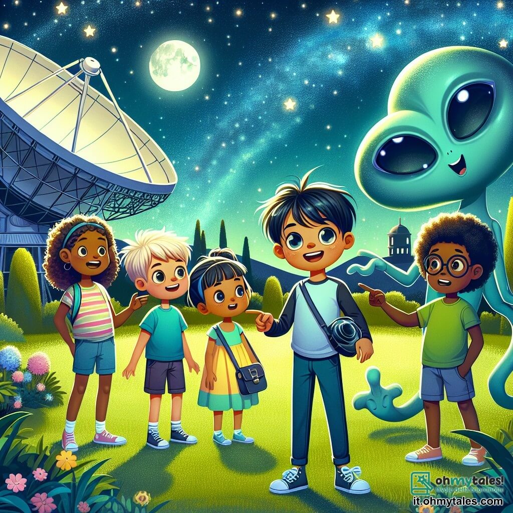 Illustrazione che rappresenta un giardino verdeggiante di un osservatorio astronomico, illuminato dalla dolce luce di una luna brillante e circondato da stelle scintillanti. Al centro, un gruppo di quattro bambini: un ragazzo di undici anni, con capelli castani arruffati, indossa una maglietta blu e tiene un piccolo telescopio, guardando con meraviglia un extraterrestre. Accanto a lui, una ragazza di undici anni, con capelli ricci e un grande sorriso, vestita con un abito giallo, indica l'astronave brillante che atterra dolcemente sull'erba. Un altro ragazzo, sempre di undici anni, con occhiali e una maglietta verde, sembra sorpreso, con gli occhi sbarrati, mentre una ragazza timida, di dieci anni, con capelli lunghi e lisci, osserva con curiosità l'extraterrestre. La creatura extraterrestre, alta e slanciata, ha una pelle iridescente di colori blu e viola, con grandi occhi dolci e un sorriso amichevole, emettendo una luce tenue. Sullo sfondo, l'astronave scintillante, di forma ovale, emette luci multicolori, creando un'atmosfera magica e piena di mistero.