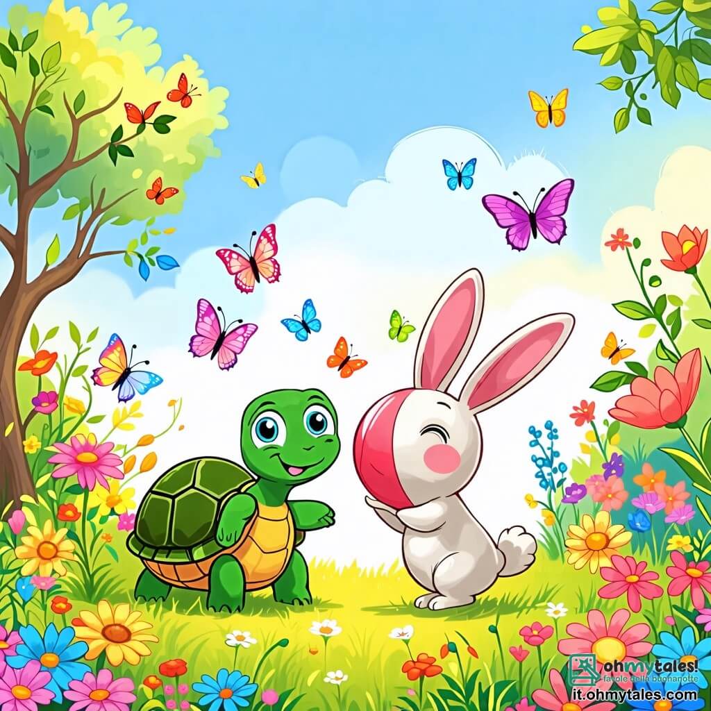 Une illustration sous forme de dessin destinée aux enfants représentant un jardin coloré rempli de fleurs éclatantes et de papillons virevoltants, où une tortue à la carapace verte et brillante, avec de grands yeux curieux, s'amuse à compter des farfales, tandis qu'un petit lapin aux oreilles longues et blanches, plein d'énergie, saute joyeusement autour d'elle en tenant une grande balle colorée, créant une scène joyeuse et amicale d'amitié et de jeu.