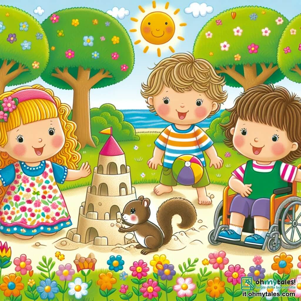 Une illustration sous forme de dessin destinée aux enfants représentant un parc ensoleillé avec des arbres verdoyants et des fleurs colorées, où un groupe de trois enfants de 3 ans, deux filles aux cheveux bouclés et blonds, l'une portant une robe à fleurs et l'autre un t-shirt rayé, ainsi qu'un garçon aux cheveux bruns et courts dans un fauteuil roulant, s'amusent à construire un château de sable tout en riant, tandis qu'un petit écureuil espiègle, avec une fourrure brune et des yeux pétillants, joue avec une balle à leurs pieds, créant une atmosphère joyeuse et amicale.