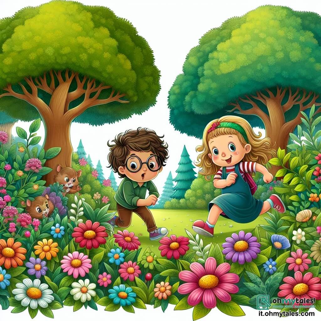 Une illustration destinée aux enfants représentant une fillette espiègle en train de jouer à cache-cache avec son ami, un garçon aux cheveux ébouriffés et aux lunettes rondes, dans un jardin luxuriant rempli de fleurs multicolores et d'arbres majestueux.